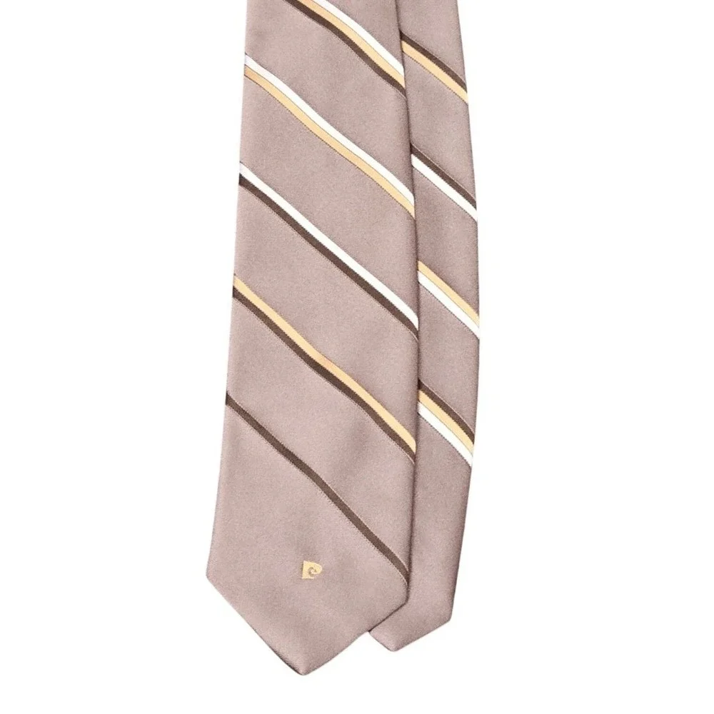 Vintage Pierre Cardin Necktie Taupe Brown Striped Italy Short Business Office